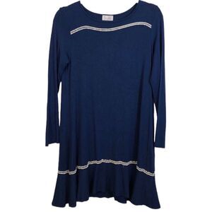 Bellino Dress; blue dress with ivory crochet trim, large (see measurements)